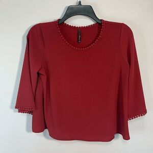 Bjewel Women's Crew Neck 3/4 Sleeve Lace Trim Cropped Top Burgundy Red Size XS